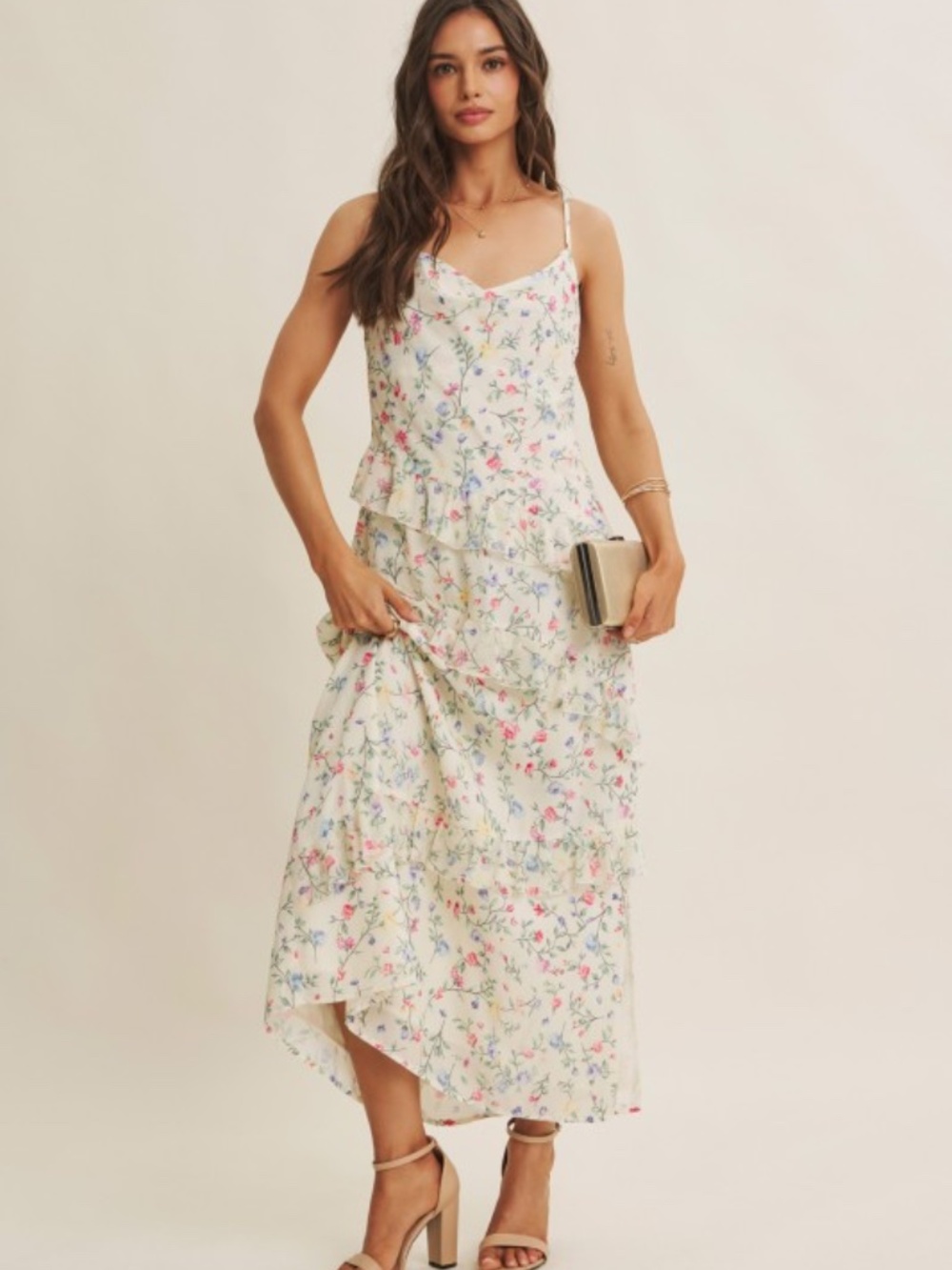Floral Fantasy Asymmetrical Ruffled Maxi Dress Small - Picture 4 of 8